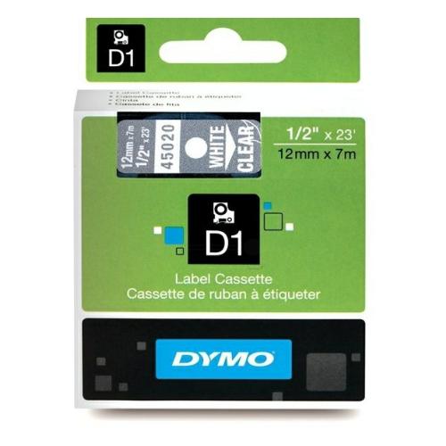 Dymo etiketės balta ant permatomas (45020 / S0720600), 12mm, laminuotas